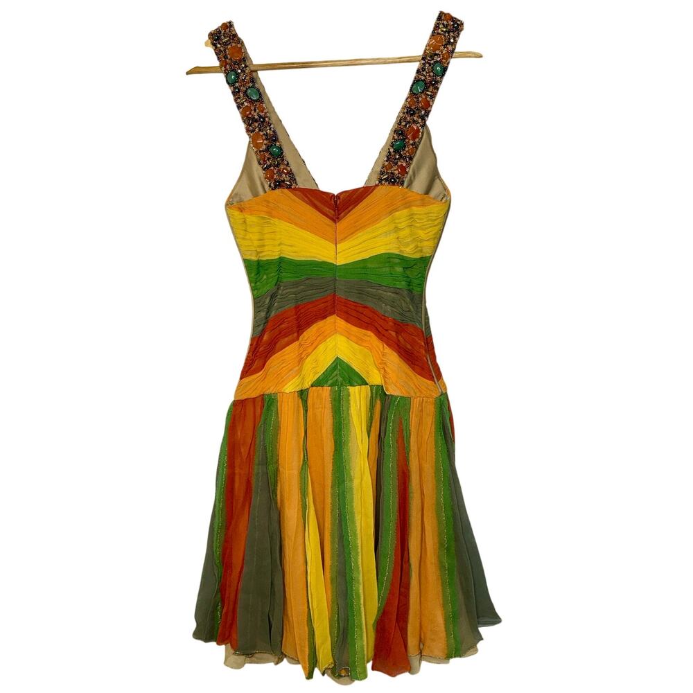 Beaded V-Neck Striped Midi Dress in Orange, Yellow & Green - Picture 6 of 15